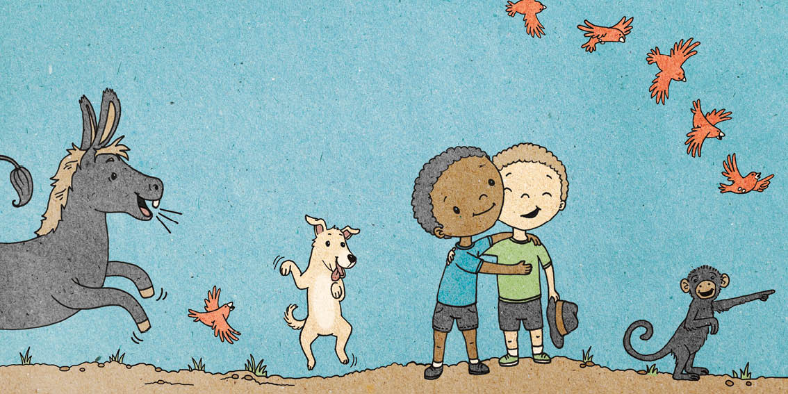 The animals jump up and down with excitement. Nicholas and Jacob put their arms around each other.