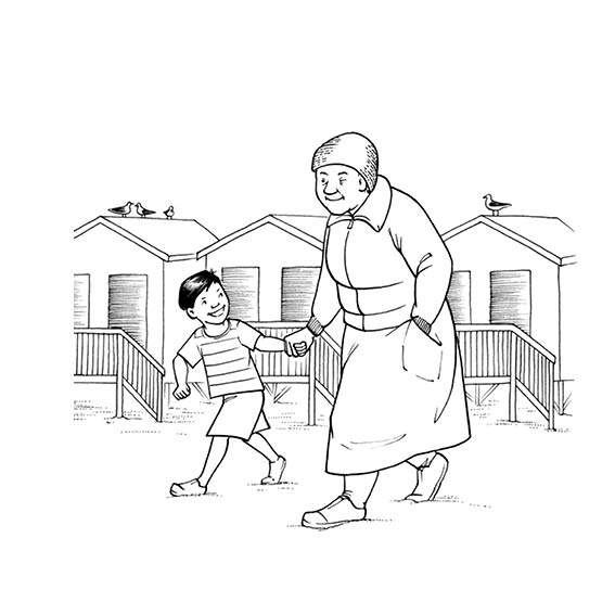 Ouma Safiya and Yusuf walk to greet Papa.