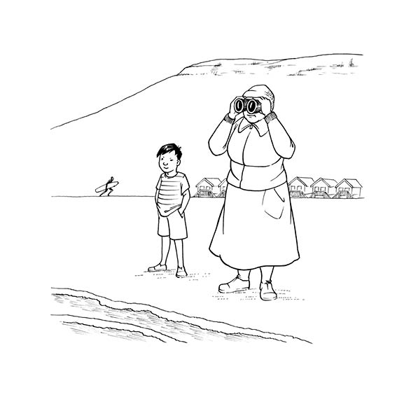 Ouma Safiya and Yusuf wait for Papa on the beach. Ouma Safiya looks through her binoculars.