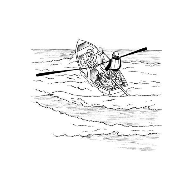Papa heads out to sea with the other fishermen.