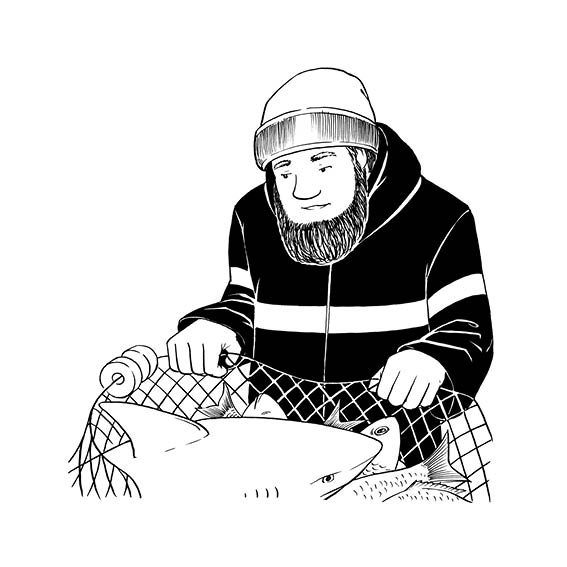 Papa finds a shark in the net.