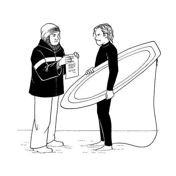 Papa confronts a surfer on the beach.