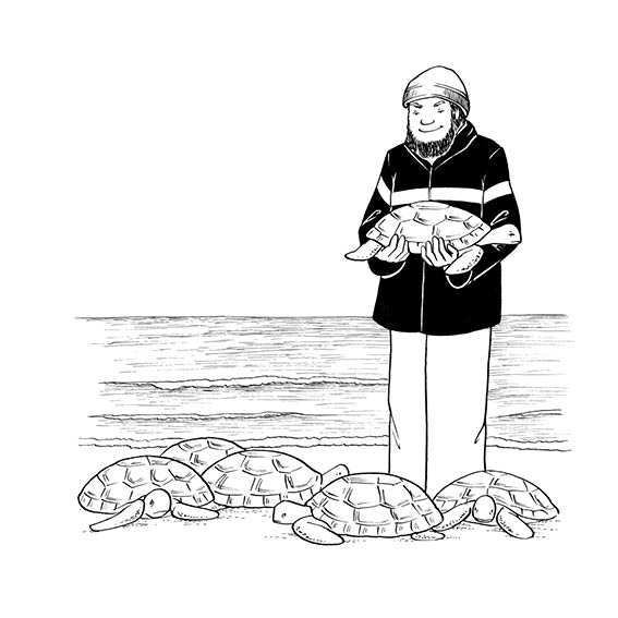 Papa stands on the beach with the turtles.