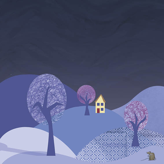 Mouse looks at a yellow house in the distance.