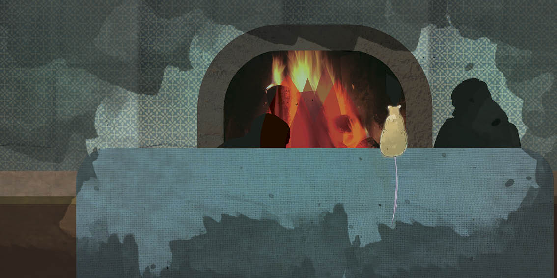 Mouse perches on a couch in front of the fireplace.