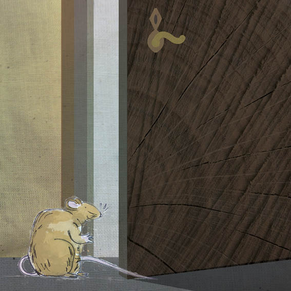 The front door is ajar. Mouse looks inside.