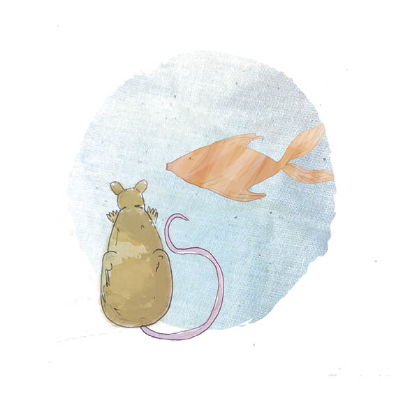 A goldfish swimming in a tank invites Mouse to join him.