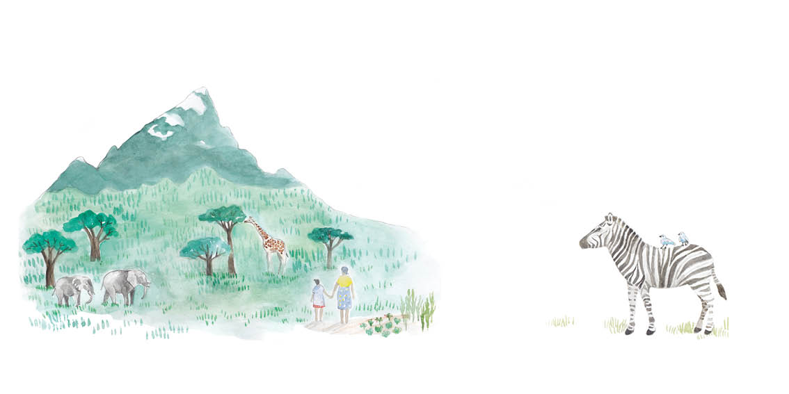 Wangari and her mother hold hands in a field.