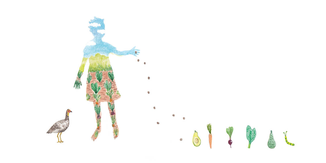 Wangari sows vegetable seeds into the earth.