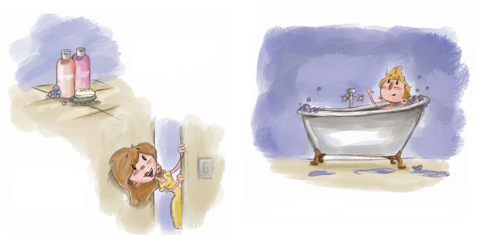 Jack's mother pokes her head around the bathroom door. Jack relaxes in his bath.