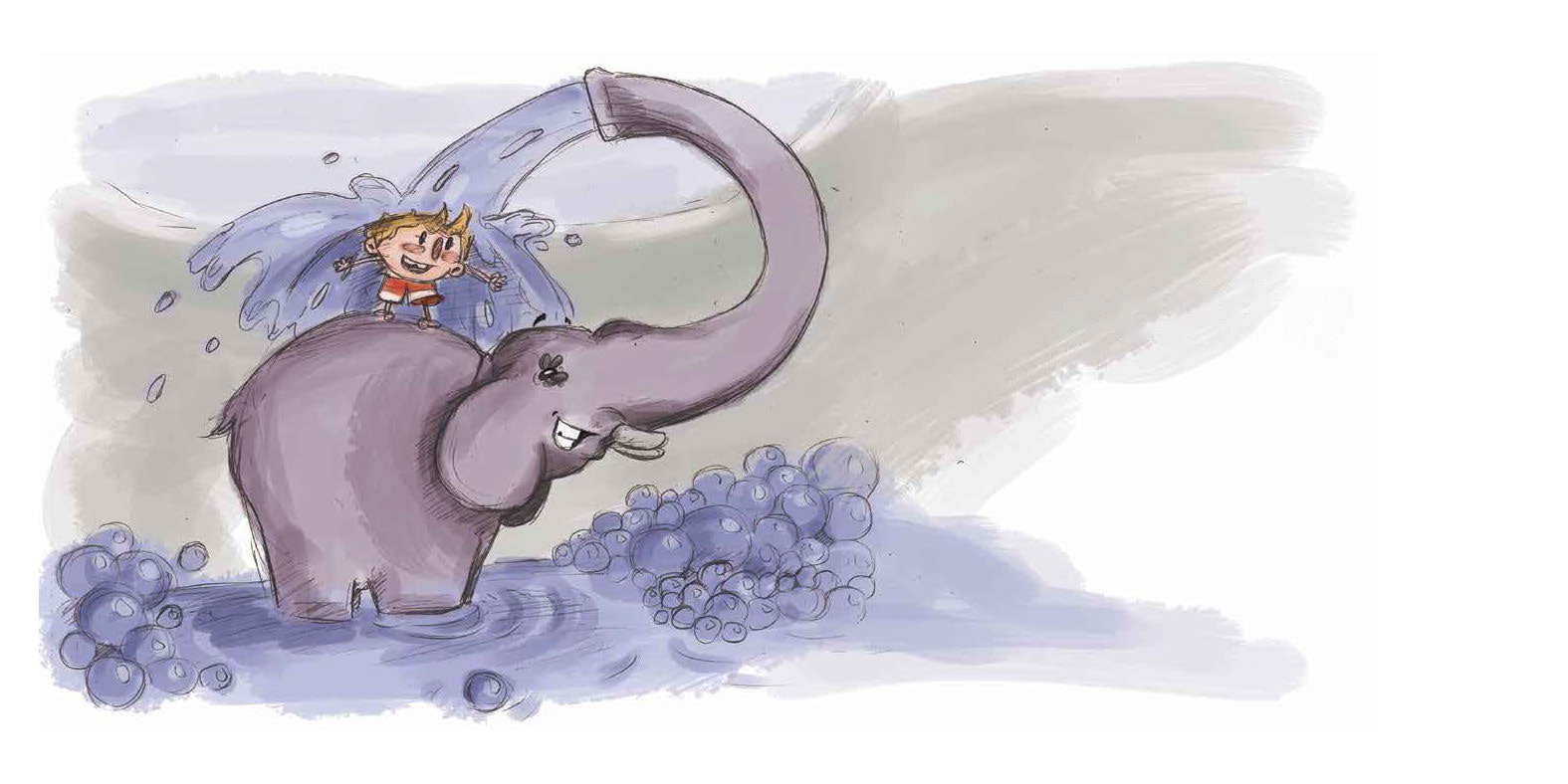 Jack stands on an elephant's back while it showers him with water.