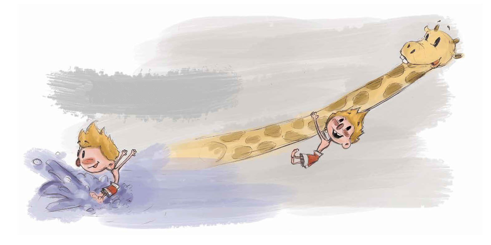 Jack swings from the neck of a giraffe.