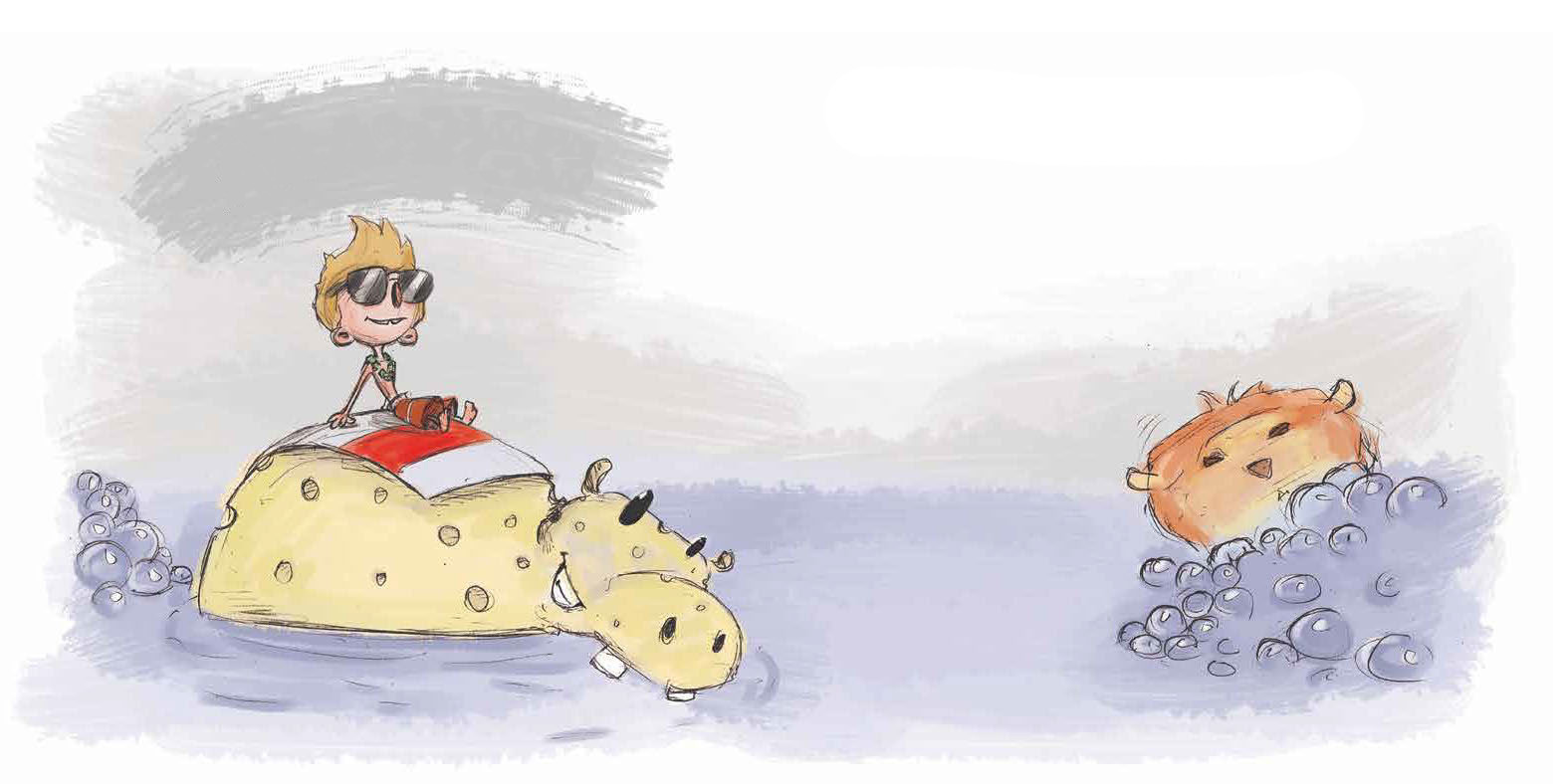 Jack sunbathes on the hippo's back. From there he sees something orange.