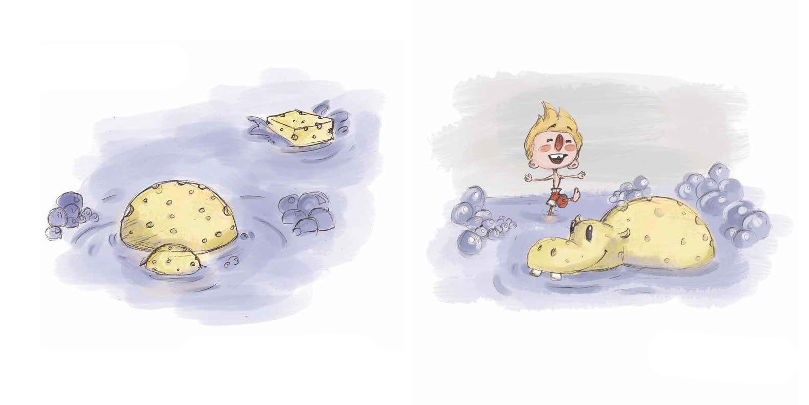 A sponge in the water turns into a hippopotamus.