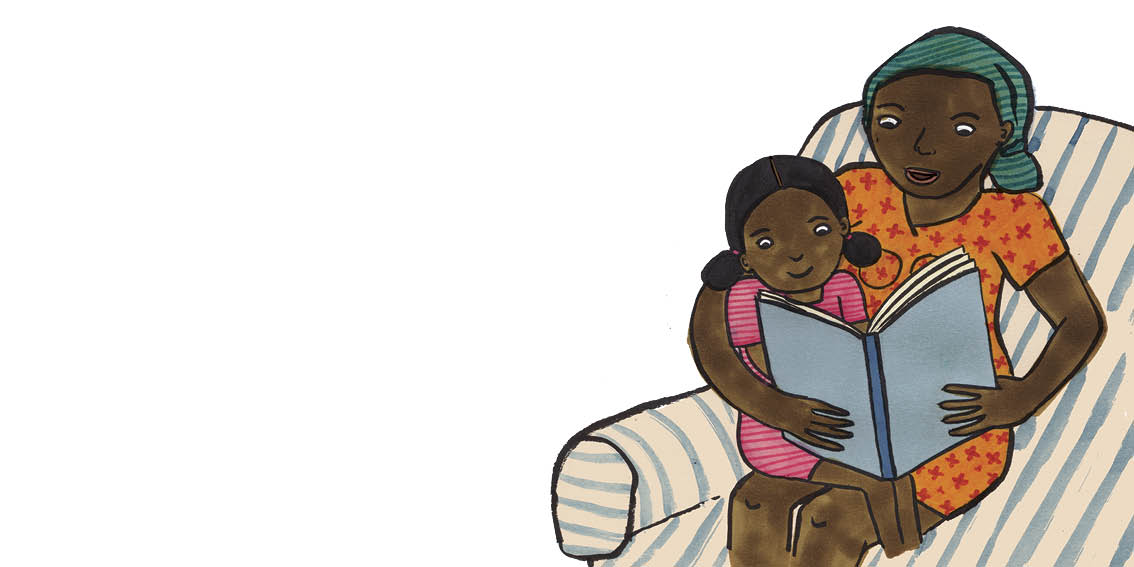 Little Graça sits on her mother's. Her mother reads a story.