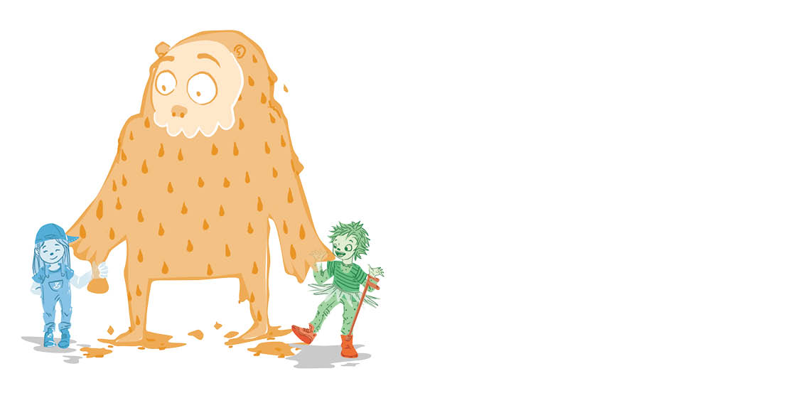 The monster and the children hold hands. 