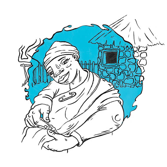 An old woman sits outside a hut and sews.