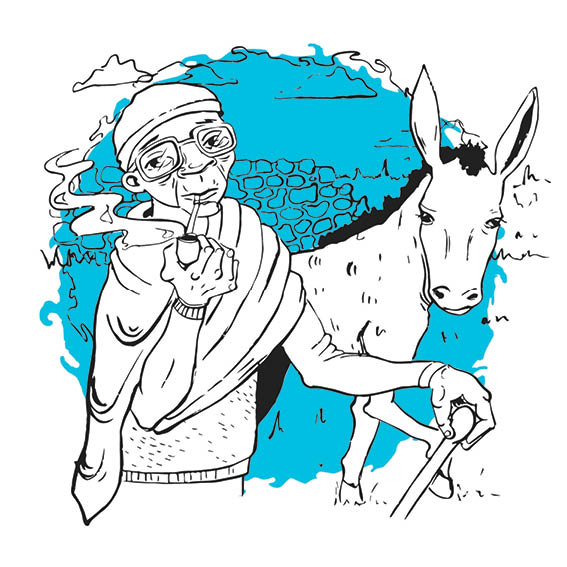 Grandpa smokes a pipe and walks with his donkey. 