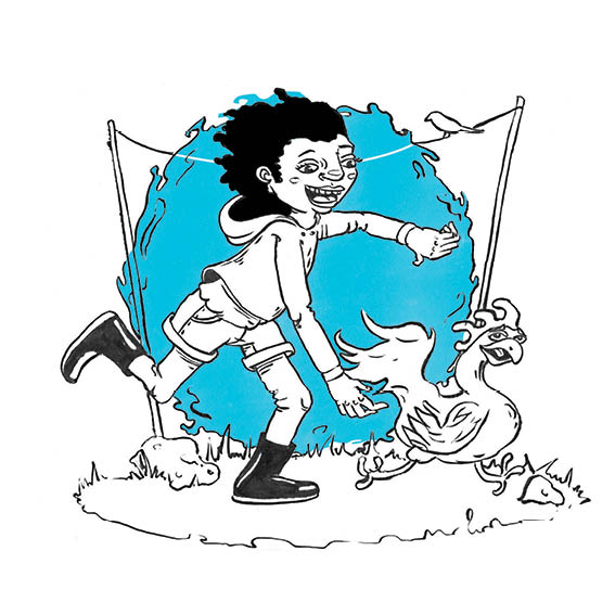 Kifue runs after a rooster.