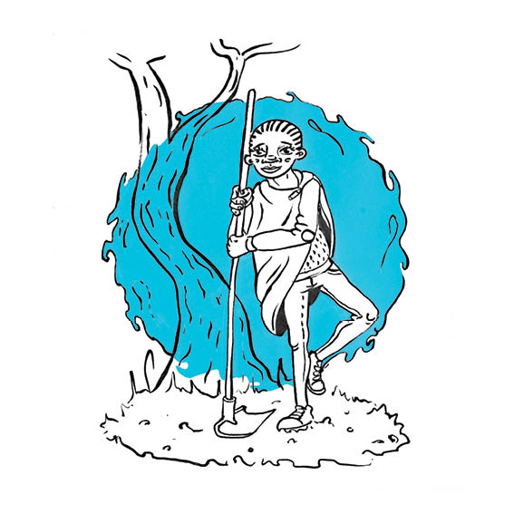A girl stands on one leg and leans on her hoe.