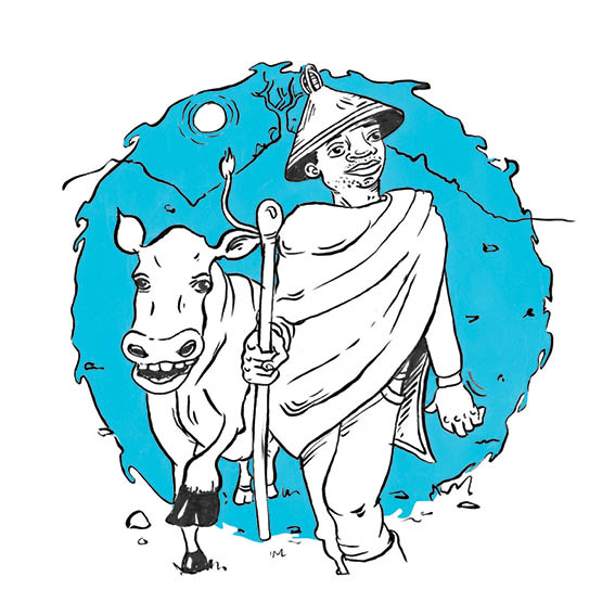 A man walks with a cow. He holds a stick.