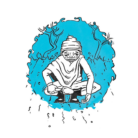 A boy kneels on the ground. He holds a trowel.