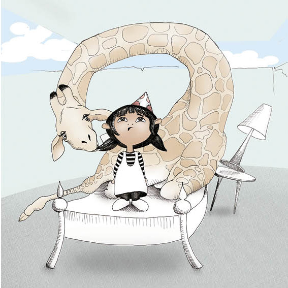 Maddy sits on a chair with a giraffe. The ceiling of the room lifts off above the giraffe's curled neck.