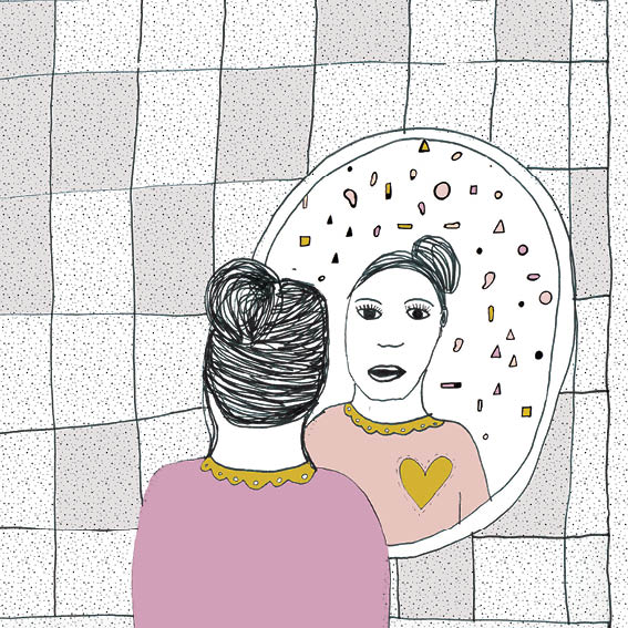 Bassie looks at her reflection in the mirror.