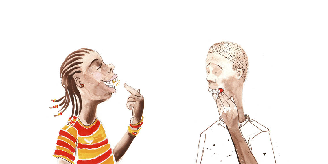 The third member of the gang points to his gold teeth. Rafiki touches his own teeth.