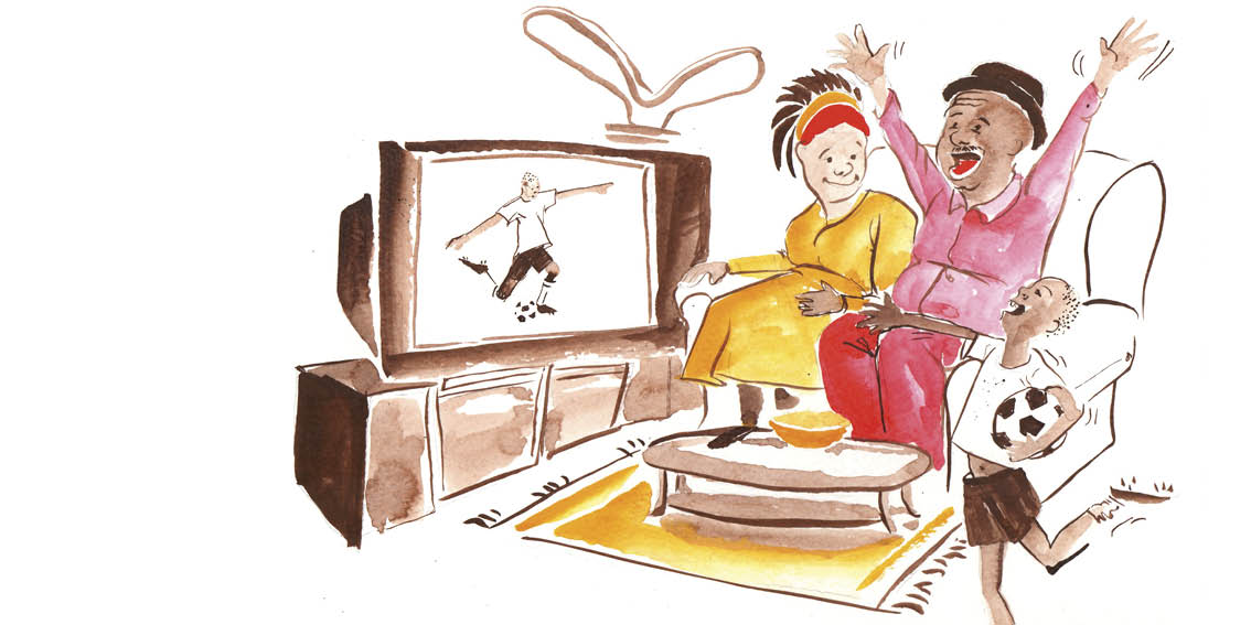 Rafiki watches soccer on TV with his aunt and uncle. The soccer player wears a white shirt and his hair is shaved like Rafiki's.