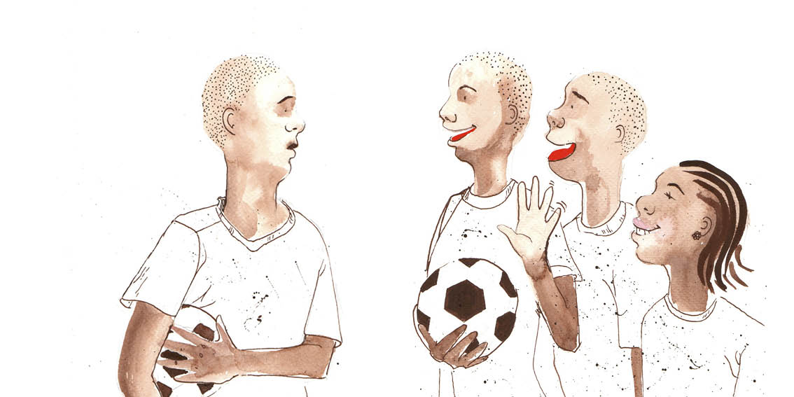Rafiki wears his usual white shirt. The Cool Cat Crew wear white soccer shirts. Their hair is now shaved.
