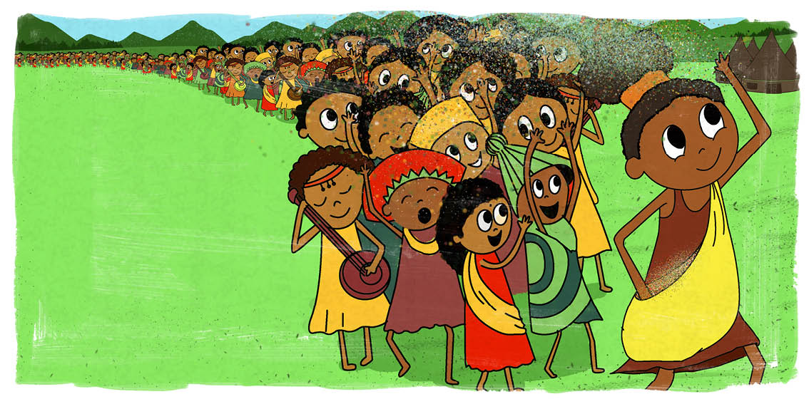 Nkanyezi leads all the villagers in a parade. They play music and sing. She throws glitter in the air.