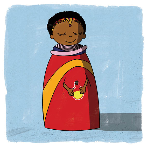 A kind woman holds a bottle of yellow paint.