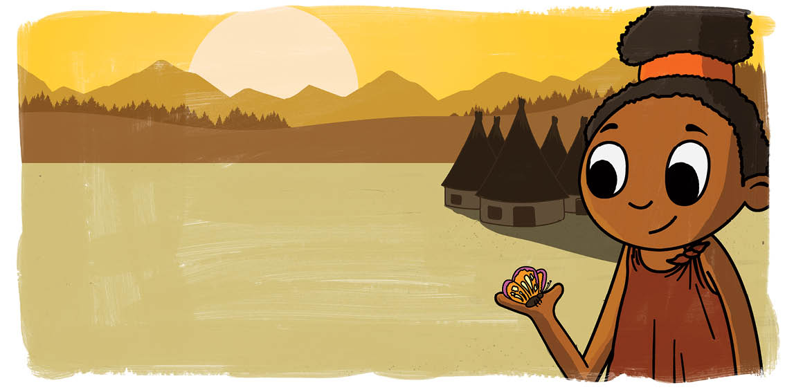 Young Nkanyezi holds a butterfly in her hand. She looks out over her village.