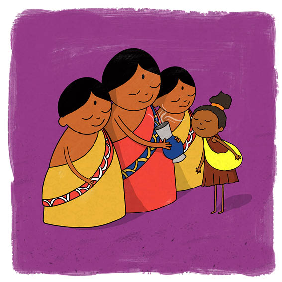 Three women hand Nkanyezi a jar of spices.