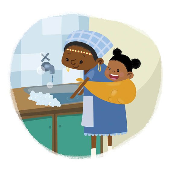 Miriam's mother washes dishes. She carries her baby on her back.