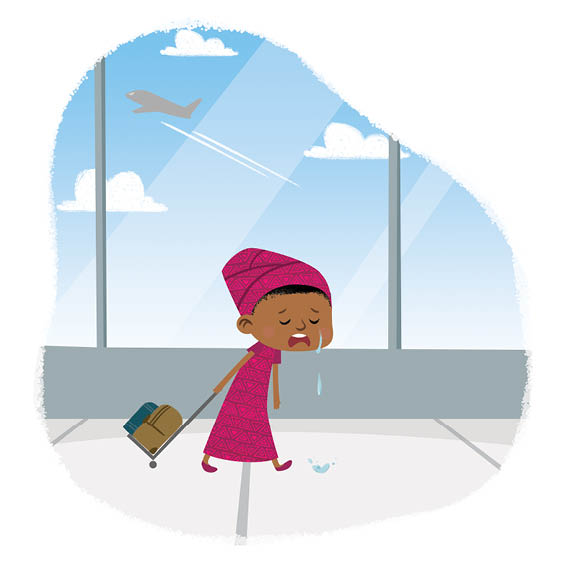 Miriam wheels her luggage through the airport. She is crying.