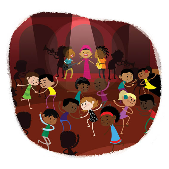 Miriam dances and sings on stage. People of all colours dance in the audience.