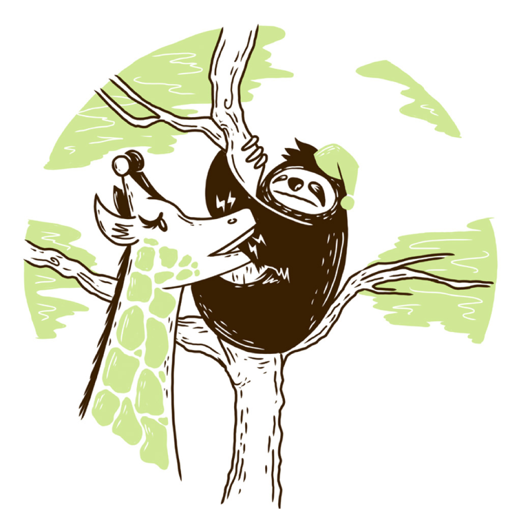 A giraffe bites Mr Sloth by mistake!