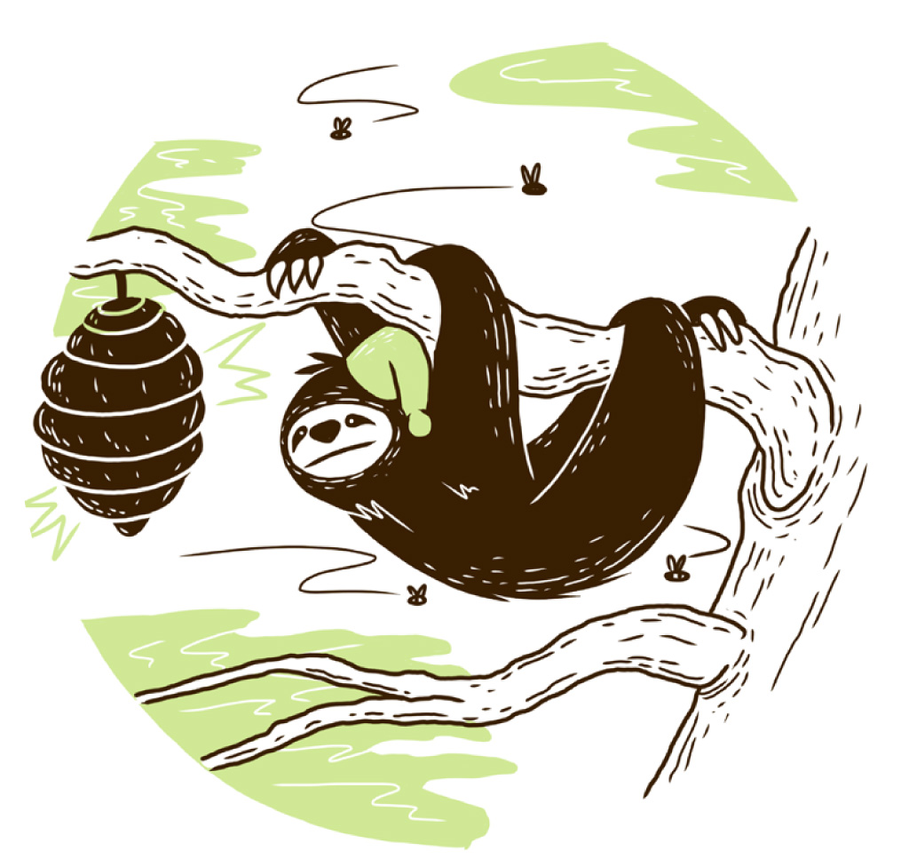 Bees fly out of a beehive around Mr Sloth!