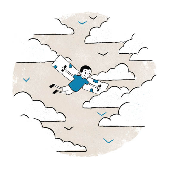 Thato flies in the sky. He has wings strapped to his arms.
