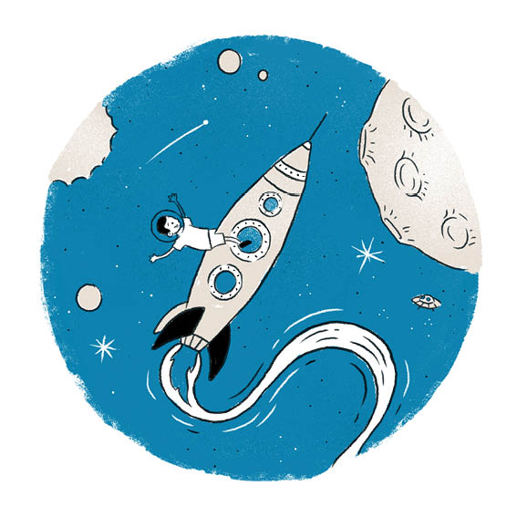 Thato flies in a rocket through space.