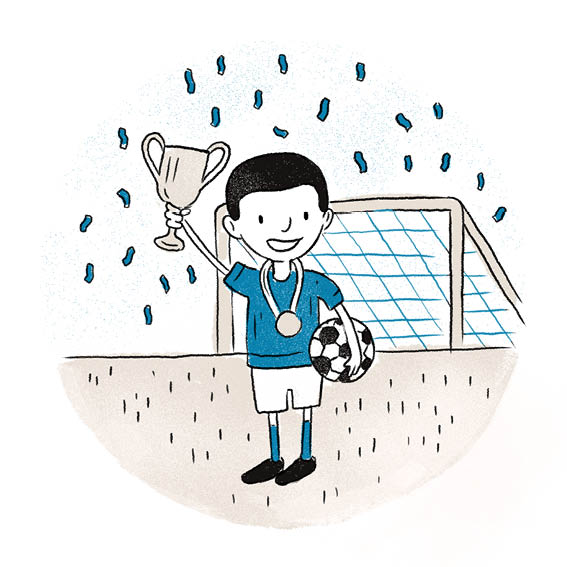 Thato is on a soccer field. He holds a trophy high in the air.