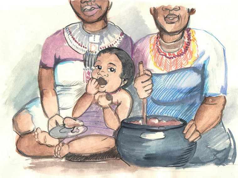 The women cook food for the family. Baby Ntsiki sits on the floor eating some of the chicken off a plate.