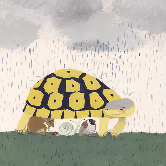 Mouse, Ladybird, Snail and Sparrow take shelter underneath Tortoise's shell.