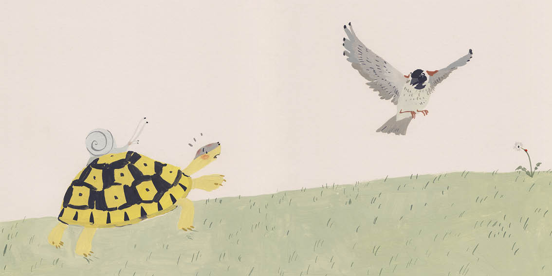 Snail sits on Tortoise's back. Sparrow flies ahead of them. There is a ladybird on a dandelion in the distance.