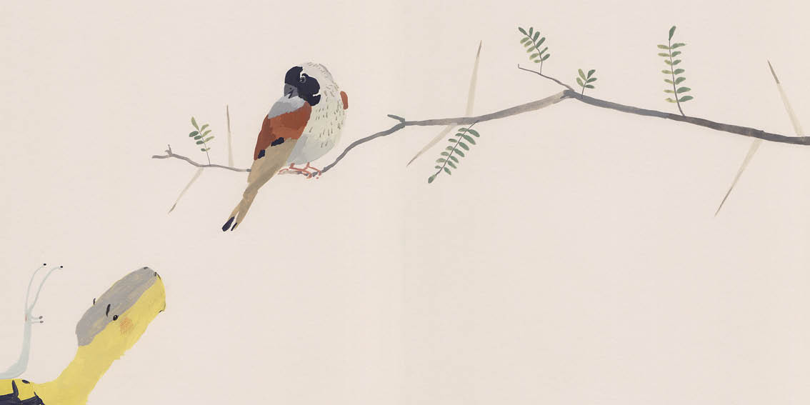 Sparrow perches on a branch. Tortoise and Snail pass him.