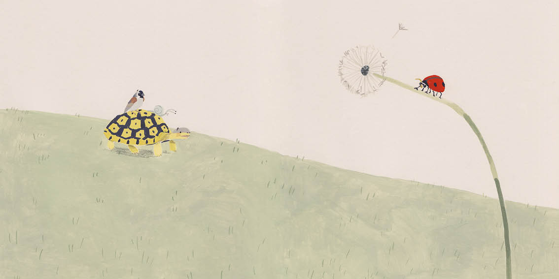 Ladybird sits on a dandelion stem. Tortoise, Snail and Sparrow pass him.