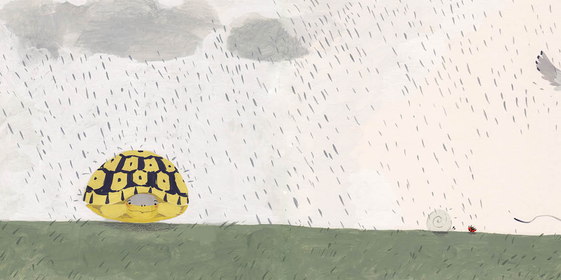 The hail comes down. Tortoise curls up in his shell. The other animals stand nearby.