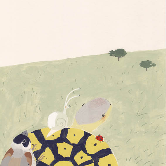 Snail, Sparrow and Ladybird travel on Snail's back.
